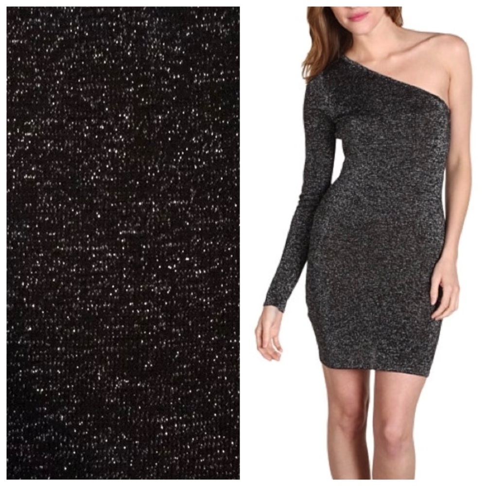 BCBGMaxAzria Black Silver Glitter Sparkle One Shoulder Cocktail Mini Dress M - Picture 3 of 12